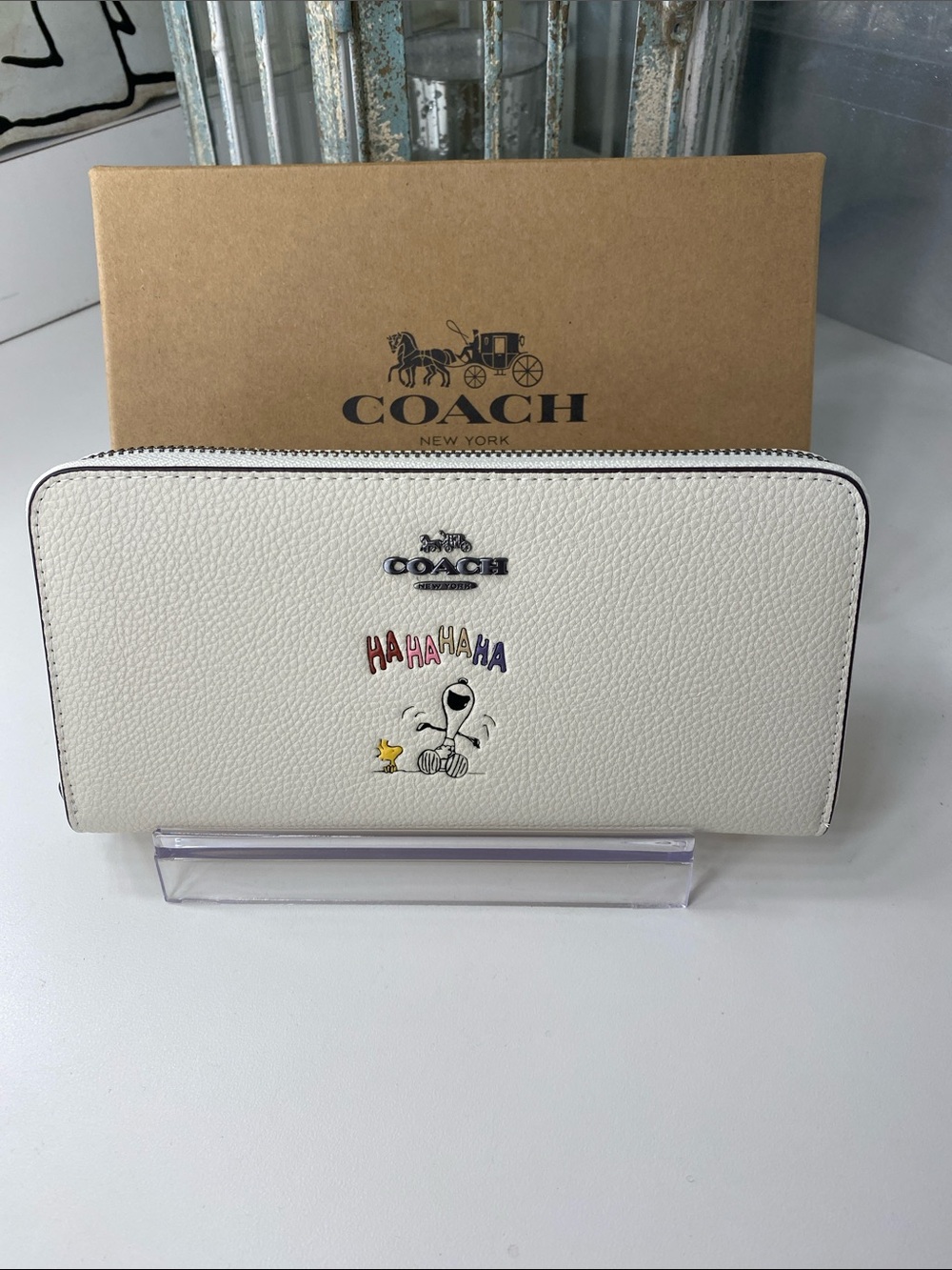 Coach White Pebbled Leather Zip Wallet with Snoopy and Woodstock Graphic